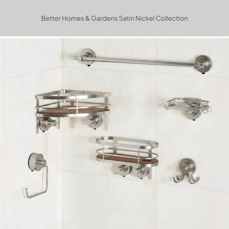 Suction Mount Shower Caddy with Acacia Wood Tray - Satin Nickel Finish