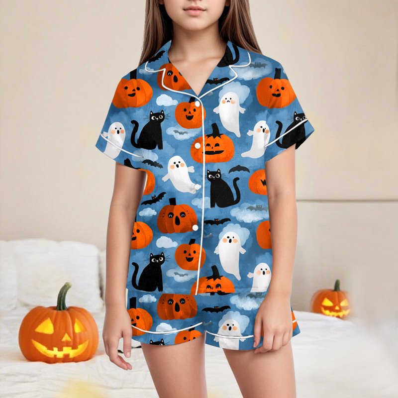 Girls Satin Pajama Set Halloween Pumpkin Print Shorts 2 Piece Sleepwear Z02 Sky Blue 4-5 Years