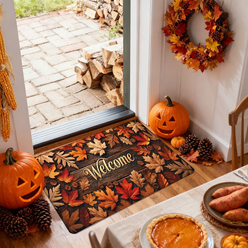 Thanksgiving Fall Doormat with Maple Leaves - Non-Slip Outdoor Indoor Entrance Mat (J)