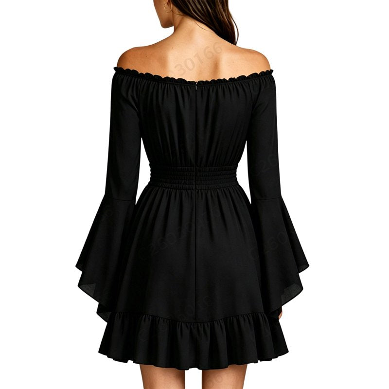 Women's Gothic Pirate Off Shoulder Mini Dress S - Black, Flowy Halloween Costume