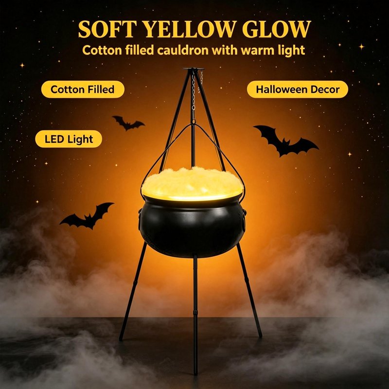 Halloween Outdoor Decor Witch Cauldron with Tripod & Timer Lights - Beige 30.4 x 7.8 inches