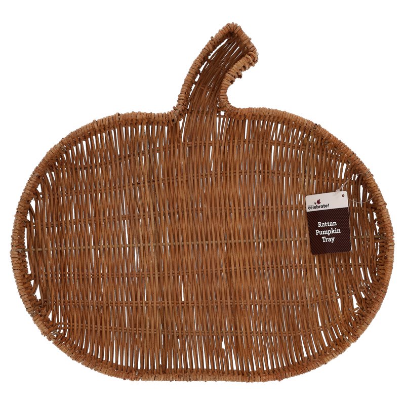 Fall Rattan Pumpkin-Shaped Decorative Tray 15 Inch for Seasonal Display