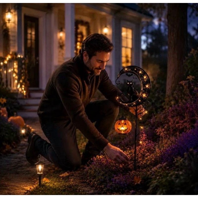 Halloween Solar Garden Stake Light with Metal Moon, Black Cat & LED Pumpkin - Variation A