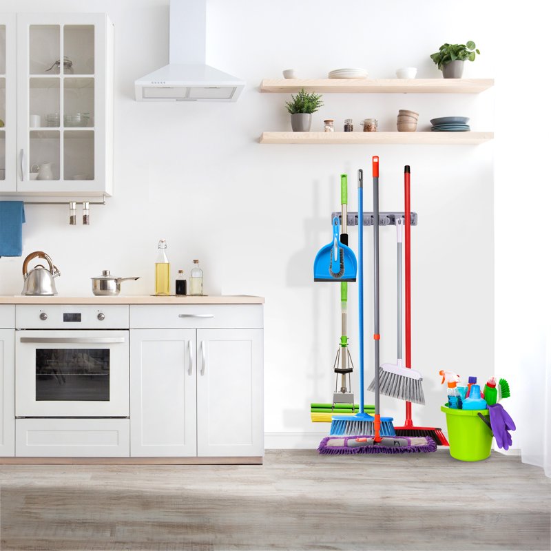 16-Inch Wall-Mounted Broom and Mop Organizer with Hooks - Gray