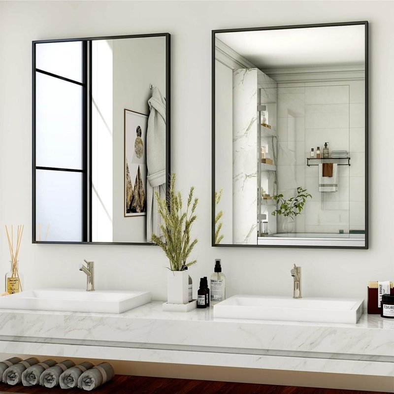 Rectangular Bathroom Mirror 38x26 Black Metal Frame Wall Vanity Mirror
