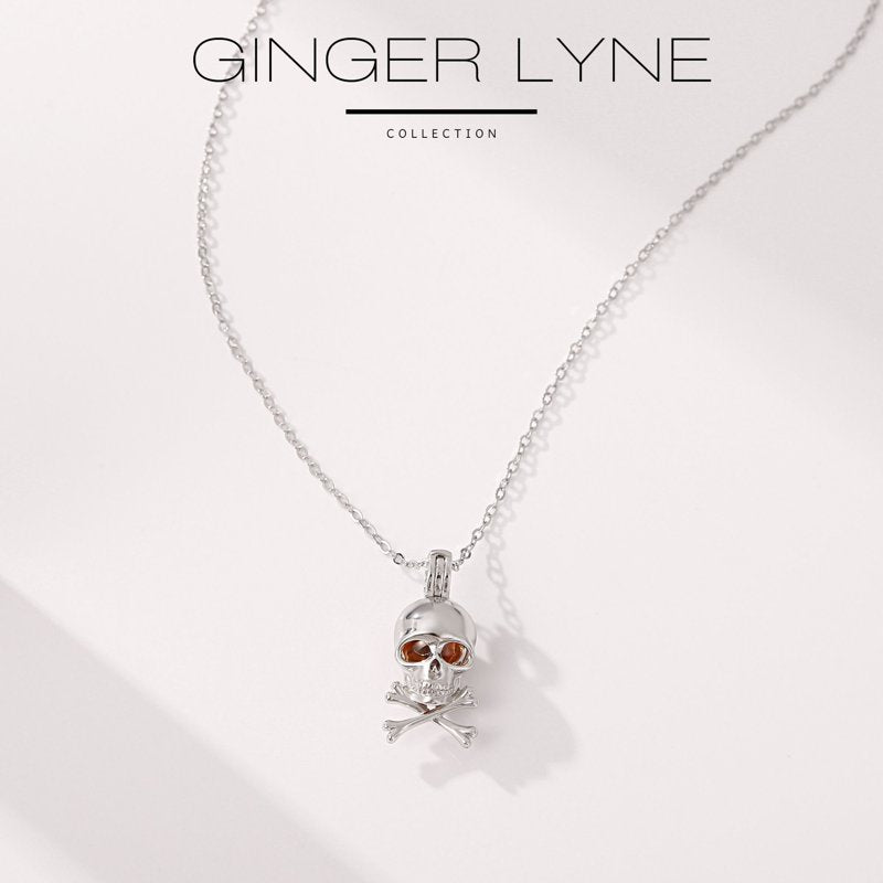 Sterling Silver Skull Necklace for Women with Amber Bead Eyes and Adjustable Chain