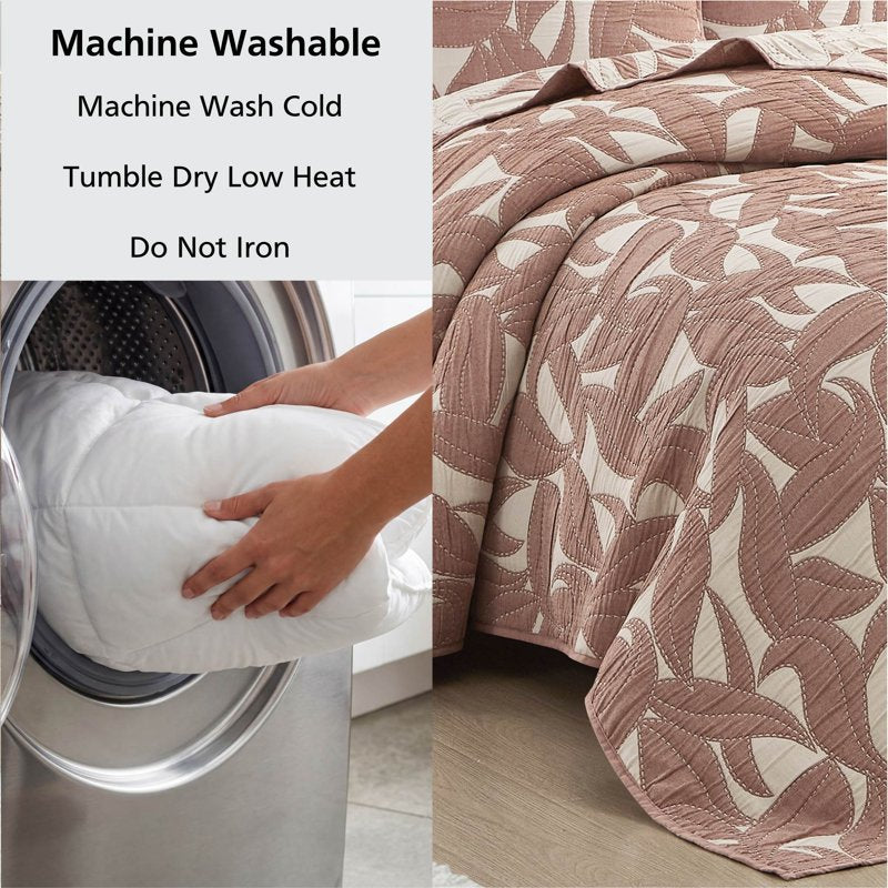King Reversible Quilt - Rust Iris Leaf Pattern Lightweight Bedding
