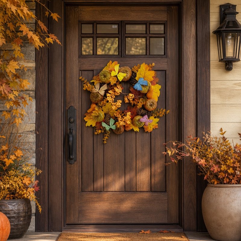 Fall Wreath for Front Door - Large Autumn Decor with Maple Leaves, Pinecones & Berries - B-9