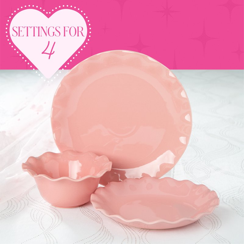 12-Piece Stoneware Dinnerware Set - Rose Pink Ruffle Rim