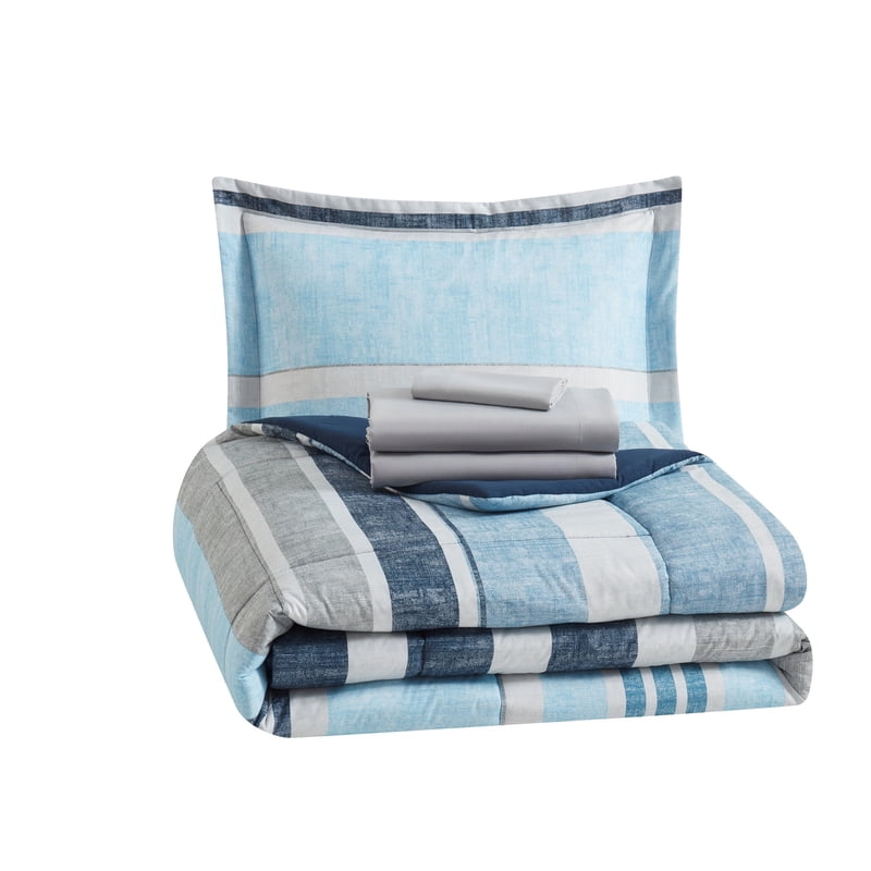 Twin-XL Bed in a Bag Set with Reversible Comforter and Sheets - Blue Stripe