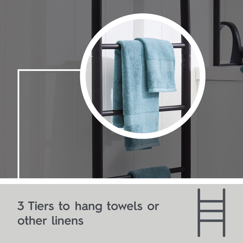 Black Freestanding Acacia Wood Towel Ladder with 4 Tiers - Space Saving Bathroom Storage