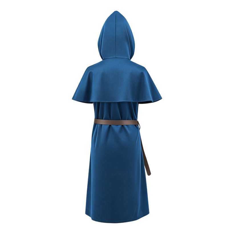 Medieval Monk Robe Hooded Cloak Costume Set with Belt Blue XL - Renaissance Cosplay