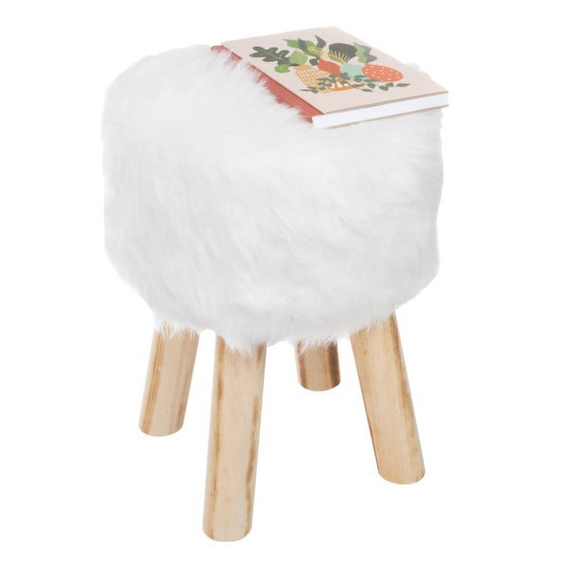 Round Faux Fur Ottoman - 11-Inch Accent Stool in White
