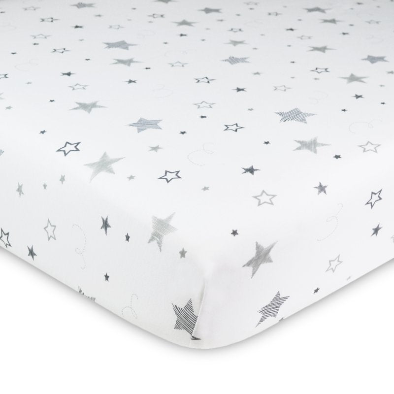 Baby Playard Sheet with Stars - White and Gray 39x27 Inches, 100% Cotton Fitted Mattress Cover