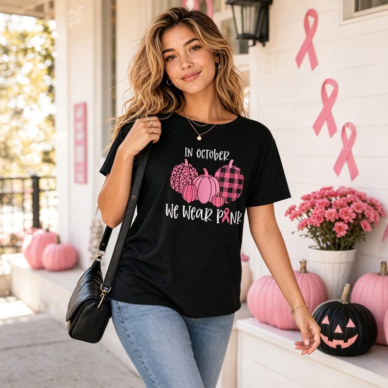 KimSoong Women's Breast Cancer Awareness T-Shirt D-Black XL Pumpkin Pink Ribbon Graphic Tee