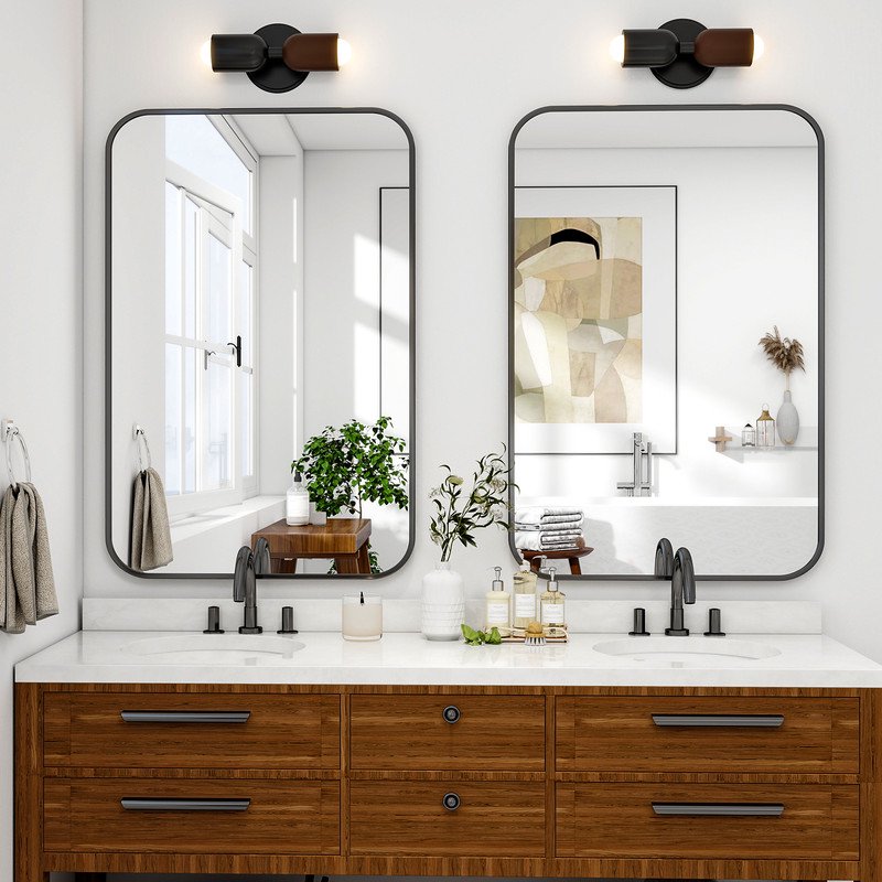 Bathroom Mirror 38x26 Inch Wall Mount with Rounded Corners - Black - Easy4Home