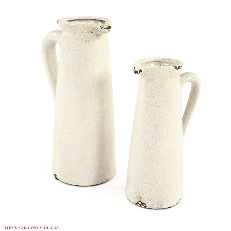 Large Distressed Crackle White Ceramic Pitcher - Narrow Shape