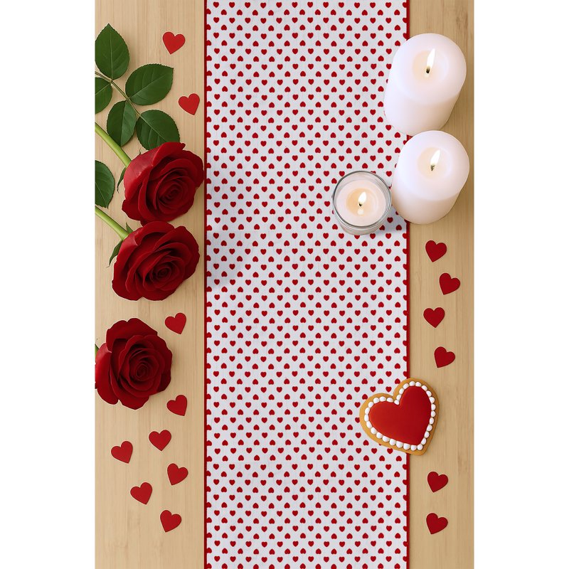 Reversible Hearts Table Runner - 14" x 90" - Cotton, Red & Ivory