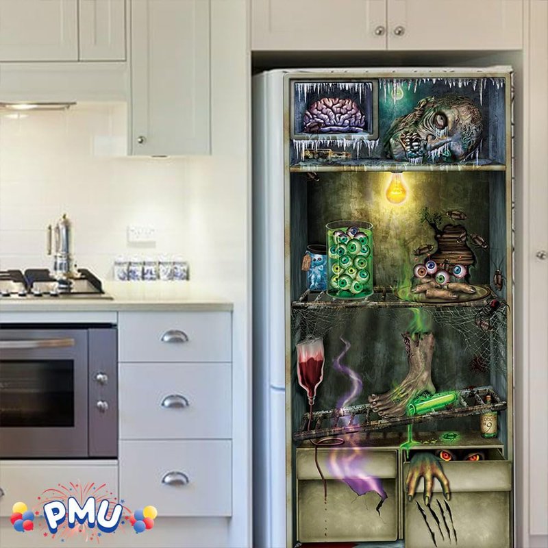 Halloween Refrigerator Door Cover - Spooky Witch Design, 30x60 Inches, Pkg of 1