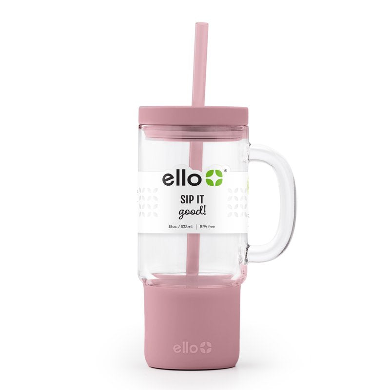 18 oz Glass Mug - Mauve with Splash-Resistant Lid & Handle