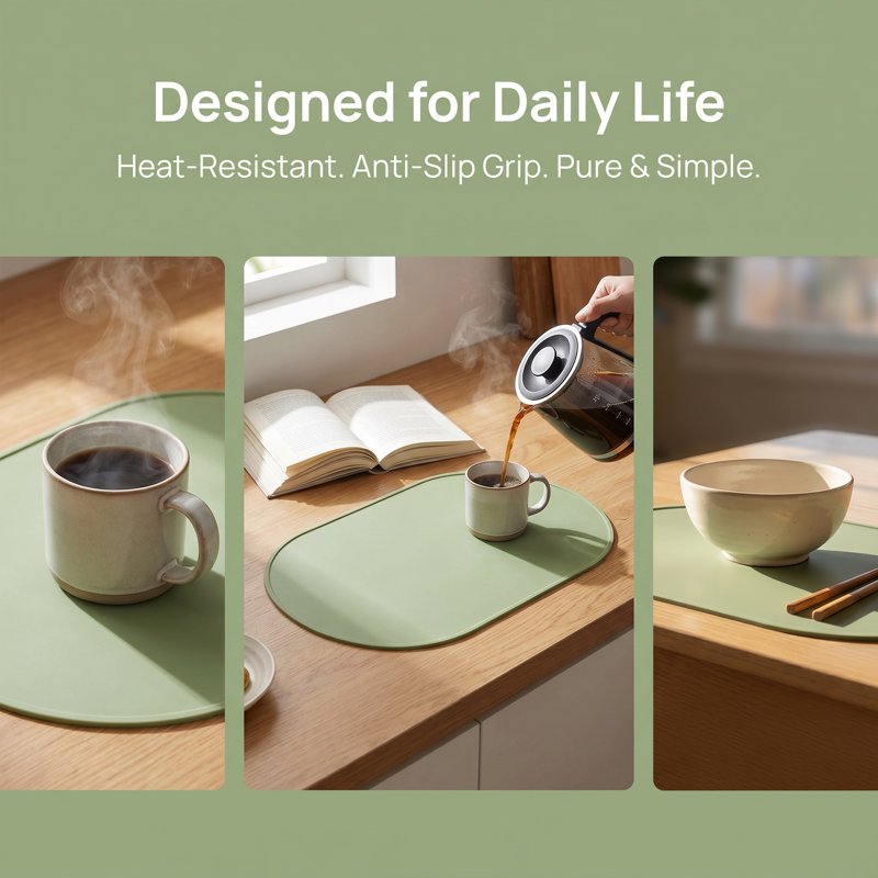 Silicone Placemats - 6 Pack Green 15" x 10" for Dining Table