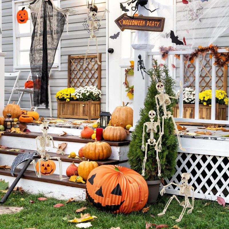 Posable Plastic Skeleton Decorations - 4 Pack, 16 Inch Halloween Props for Haunted Houses & Yard Decor