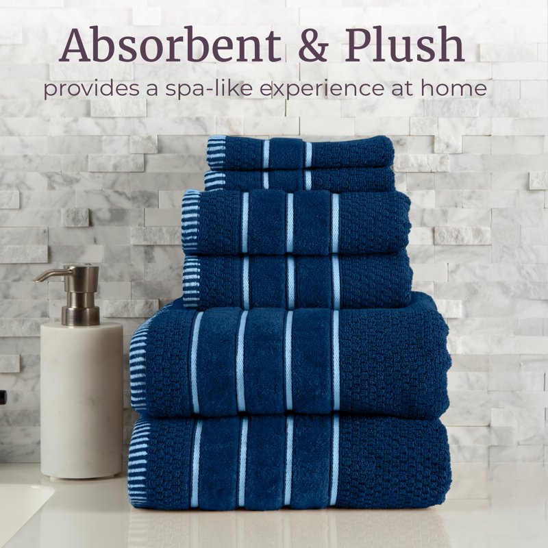 Luxury 6-Piece Cotton Bath Towel Set with Rice Weave - Navy