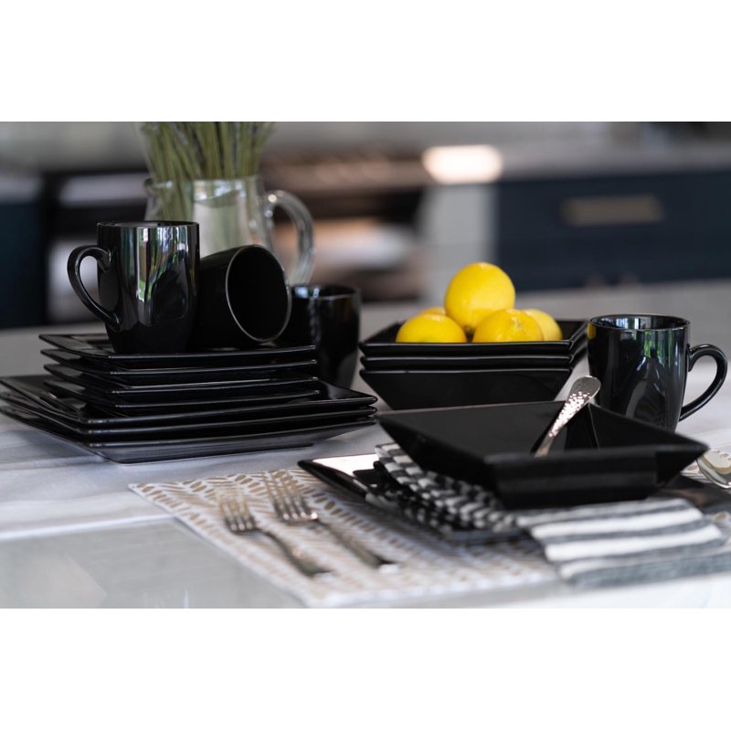 16-Piece Stoneware Dinnerware Set - Black Square Plates & Mugs
