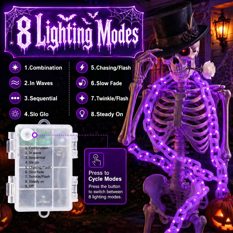 Halloween Chain Lights 10FT Purple Waterproof Battery Operated 8 Modes - Spooky Outdoor Decor