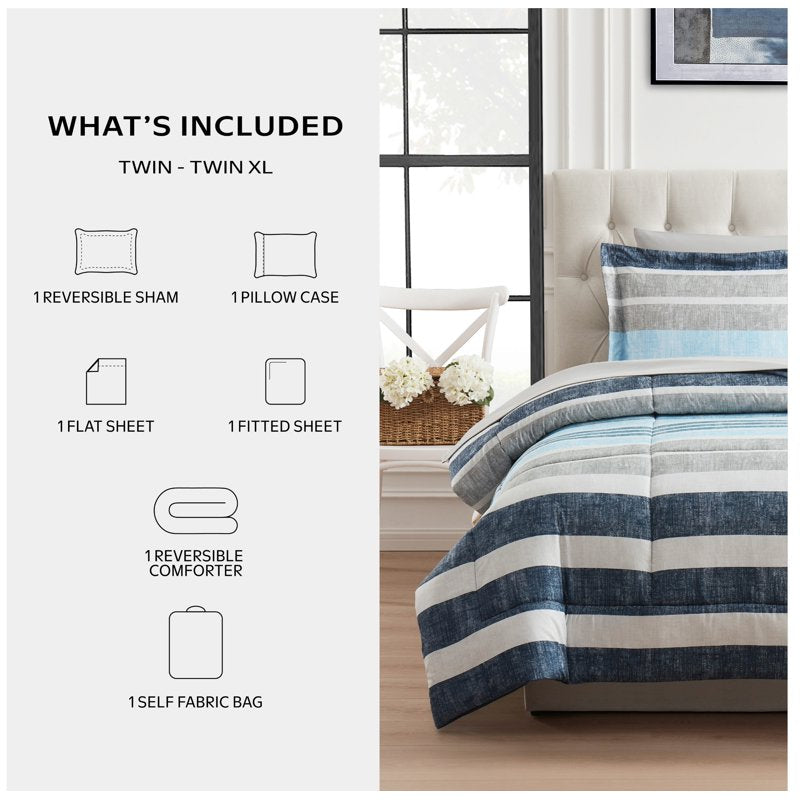 Twin-XL Bed in a Bag Set with Reversible Comforter and Sheets - Blue Stripe