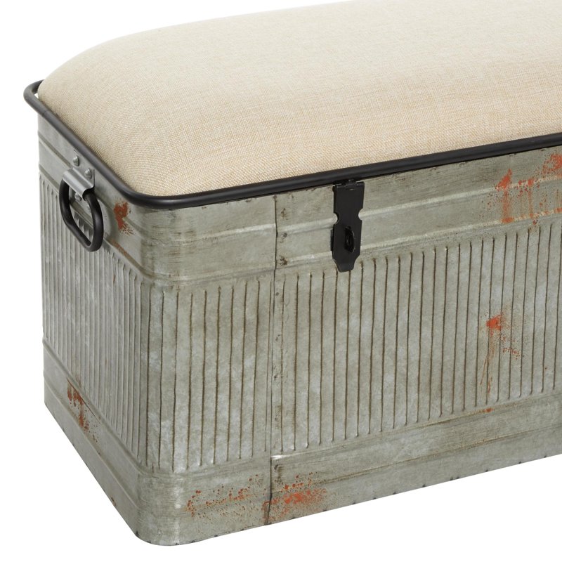Metal Galvanized Storage Bench with Cream Burlap Top