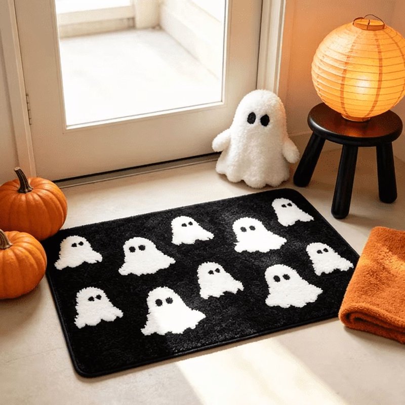 Halloween Ghost Bath Mat 23.6x15.7in Faux Fur Rug with Secure Grip Black Ghost