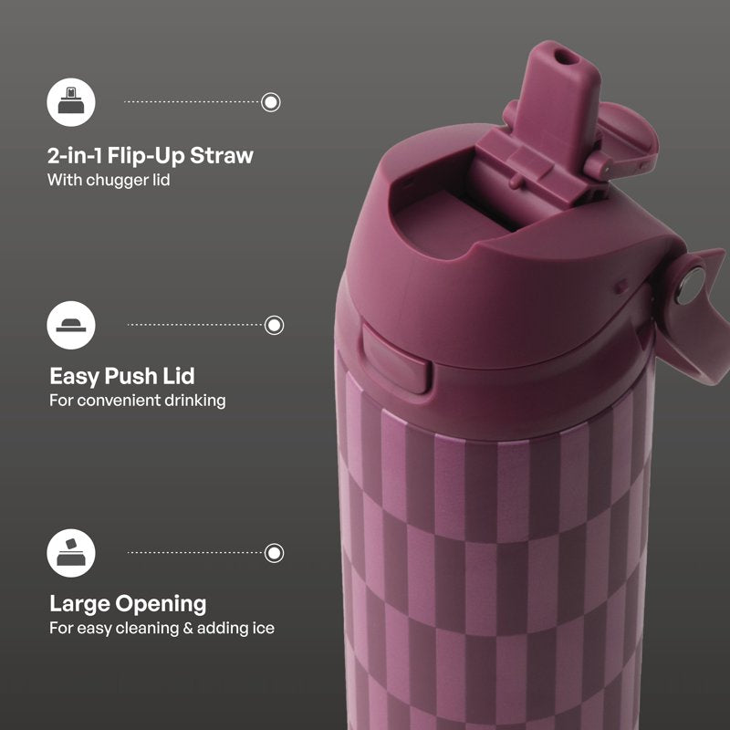 24oz Insulated Stainless Steel Water Bottle - Berry Print, 2-in-1 Lid