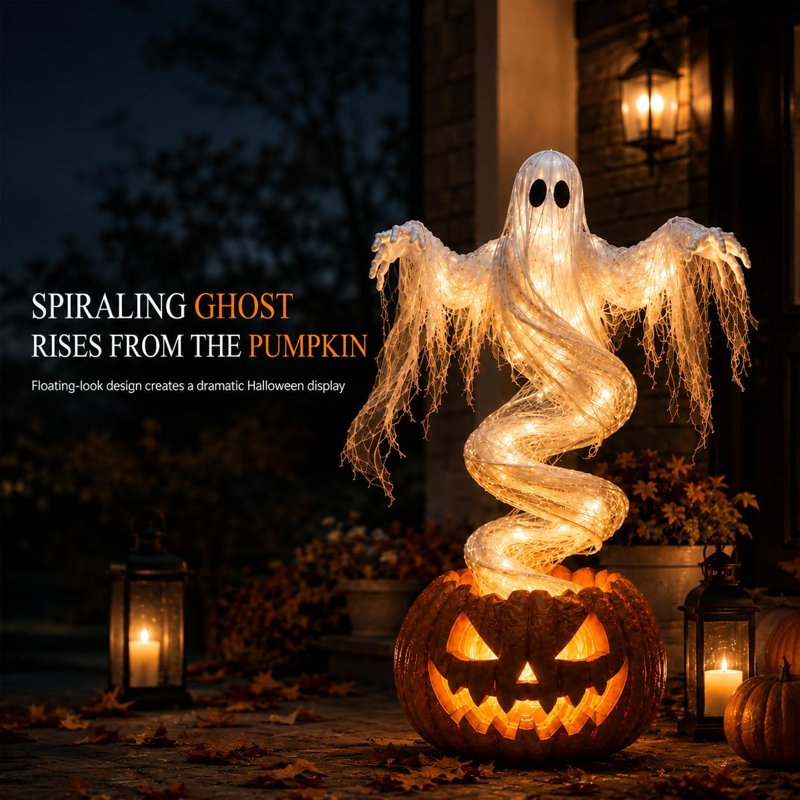 Swirling Ghost Pumpkin Yard Lamp - Outdoor Rotating Porch Decoration - Variation 1