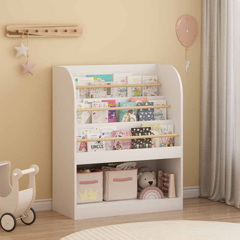 3-Tier Wooden Front-Facing Kids Bookshelf with Storage