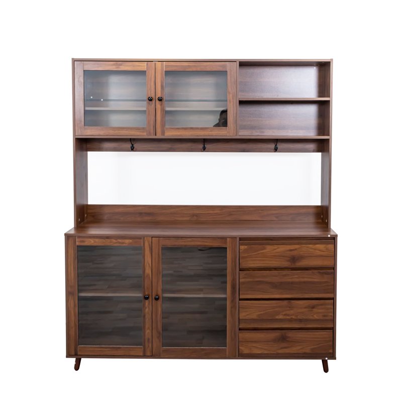 Large Kitchen Hutch Cabinet with 4 Doors & 4 Drawers - Walnut