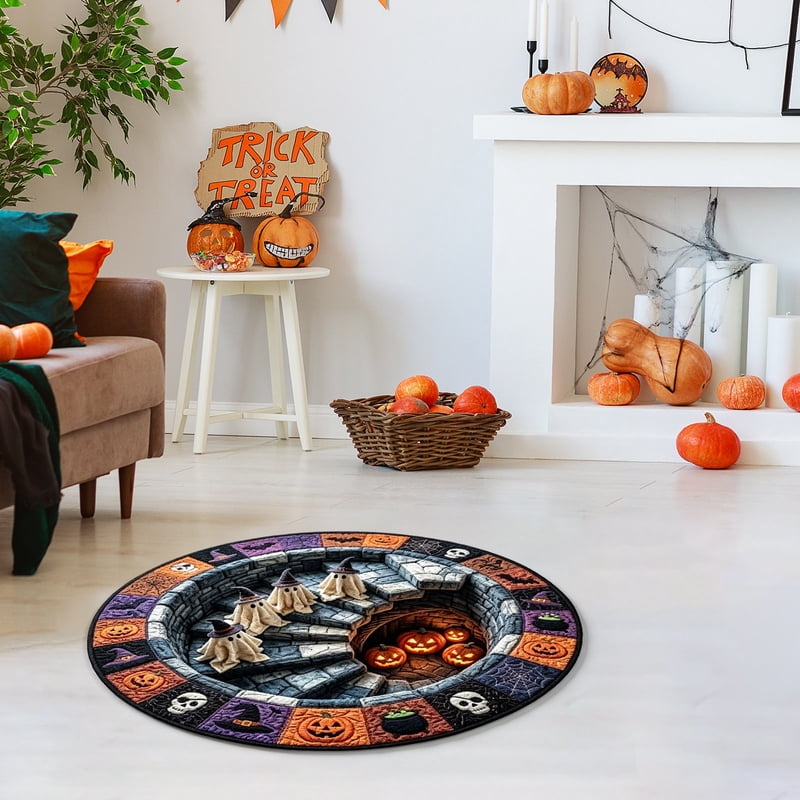 40x40cm Optical Illusion Halloween Round Rug - Spooky Ghost Pumpkin Floor Mat