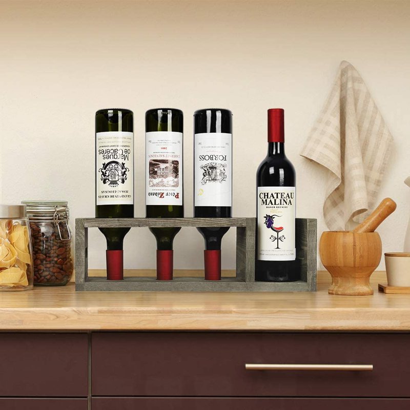 Rustic Wood Countertop Wine Rack for 4 Bottles - No Assembly Required
