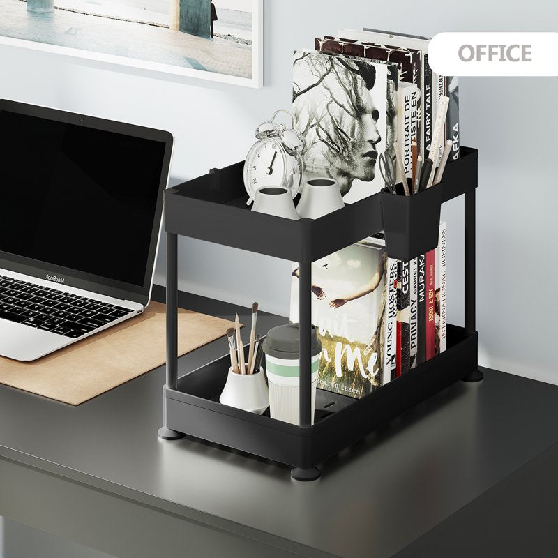 Under Sink Organizer 2-Tier with Hooks & Non-Slip Grip - Black, 2 Pack