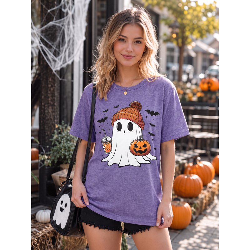 Purple Halloween Ghost Pumpkin T-Shirt for Women Cute Coffee Lover Graphic Tee - Small