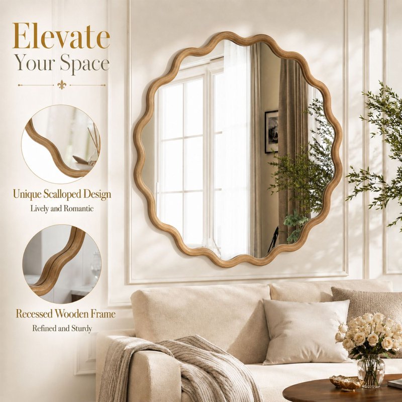Wavy 30x30 Inch Bathroom Wall Mirror with Natural Wood Frame - Easy4Home