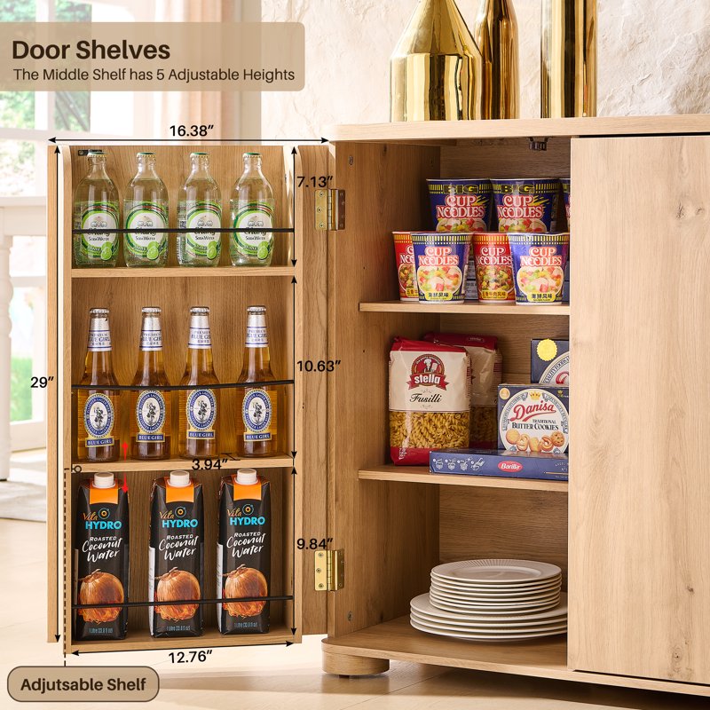 Curved Coffee Bar Storage Cabinet - 66" Natural Sideboard with 4 Doors