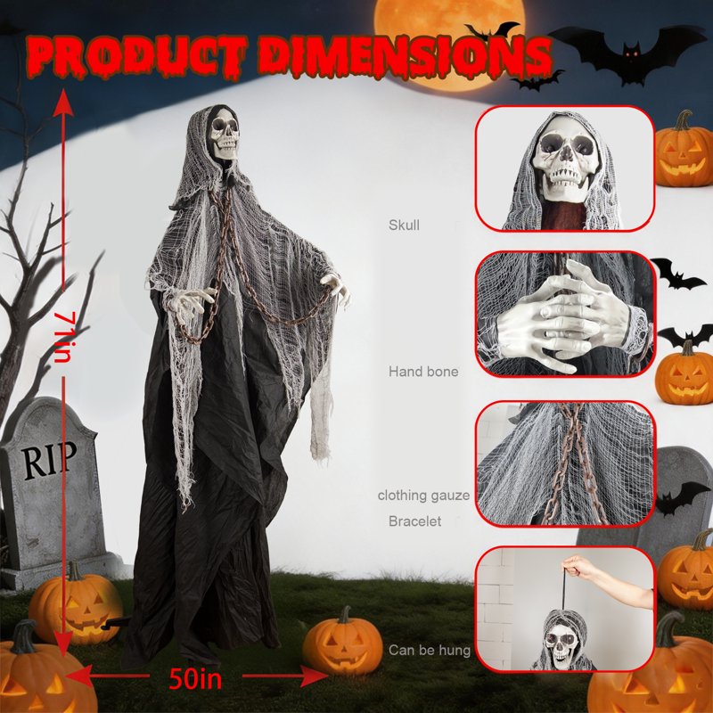 6ft Ghost Skeleton Halloween Outdoor Decor - Sound-Activated Porch Yard Decoration, Grey