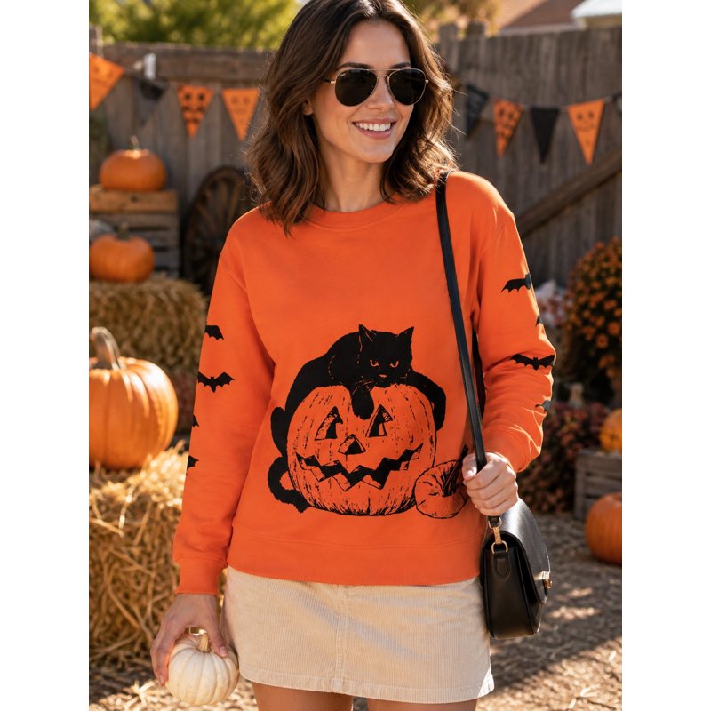 Orange Halloween Sweatshirt for Women Black Cat Pumpkin Graphic Crew Neck Long Sleeve XL