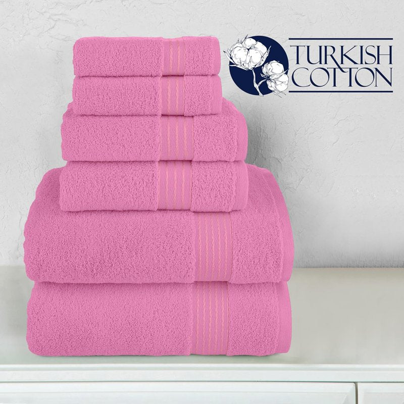 Turkish Cotton Towel Set - 6 Pieces Light Pink Bath & Hand Towels, Washcloths