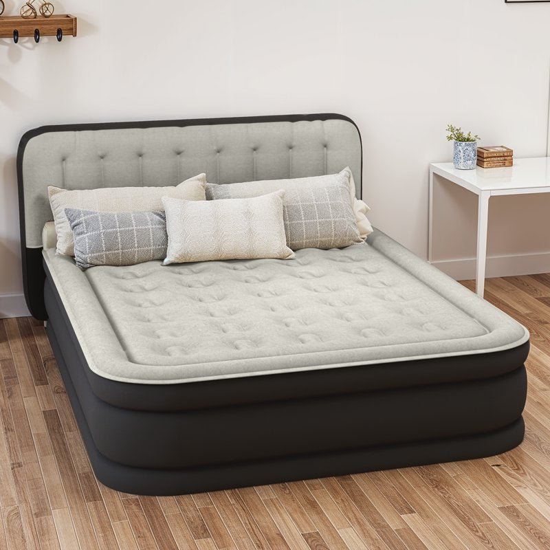 Queen Air Mattress with Pump & Built-In Headboard - Black Inflatable Bed for Home & Guest Use