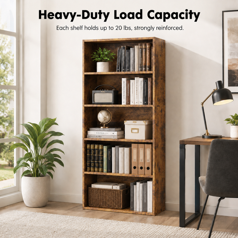 5-Tier & 6-Tier Rustic Industrial Bookshelves - Customizable Storage