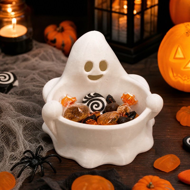 Ghost Candy Bowl - Cute Smiling Ghost Resin Halloween Snack Dish with Hands - Variation #012