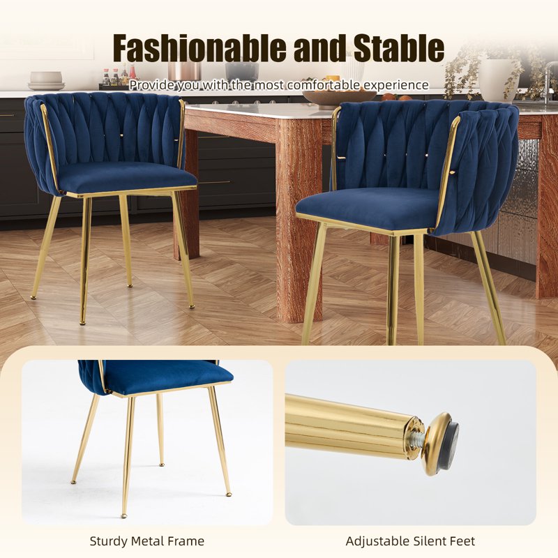 Velvet Dining Chairs Set of 2 - Navy Blue with Metal Legs