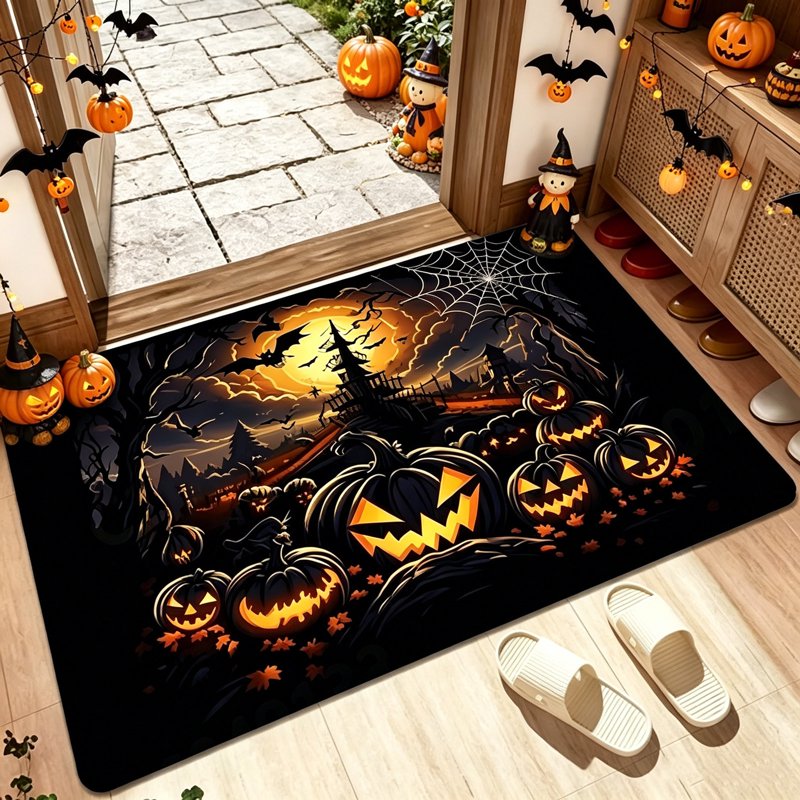 Halloween Theme Doormat - Creepy Night Scene Print, Non-Slip Absorbent Mat for Front Door - Variation D